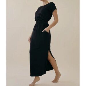 NWT Black Bamboo Cinched-Waist Maxi Dress with Pockets Size XL